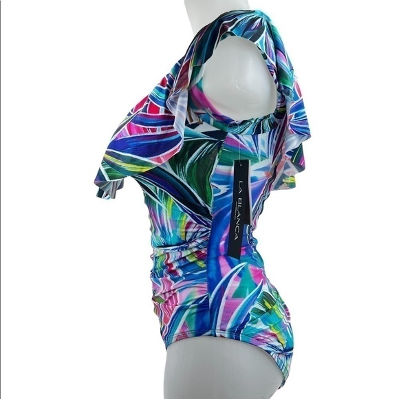 La Blanca Multicolor Palm Opulence Off Shoulder Ruffle One Piece Swimsuit - Picture 11 of 15